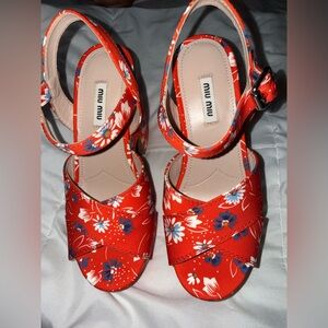 Miu Miu Daisy Print Twill Platform Sandals NO BOX